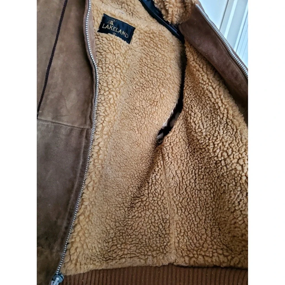 Lakeland Suede Bomber Jacket Tan Sherpa Lined Vintage Hooded Work Coat Mens 38